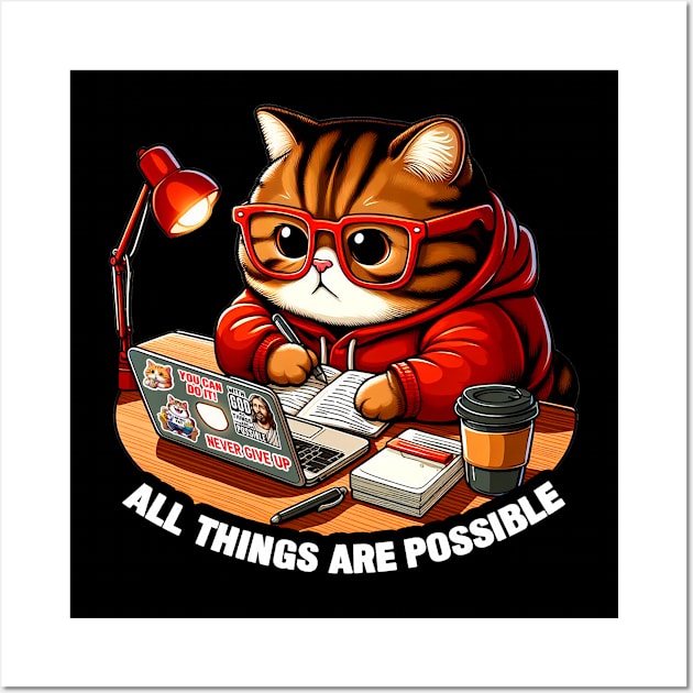 All Things Are Possible Chubby Tabby Cat Laptop Homework Hardworking Study Hard Wall Art by Plushism